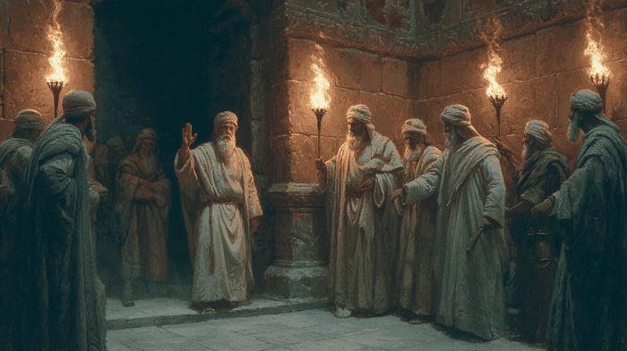 Nicodemus standing in a chamber of the Sanhedrin council